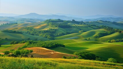 Rolling hills covered in farmland with a patchwork of different crops Generative AI