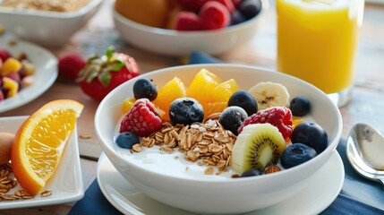 Nutritious morning meal including yogurt granola fruits and orange juice