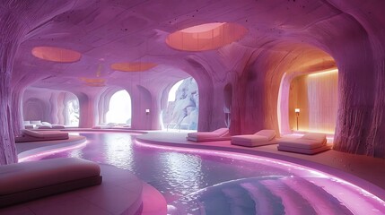 An avant-garde leisure center with shifting holographic relaxation zones and bioluminescent leisure activities, promoting well-being 