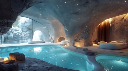 An avant-garde leisure center with shifting holographic relaxation zones and bioluminescent leisure activities, promoting well-being 