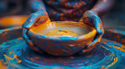 An avant-garde pottery studio with shifting holographic pottery wheels and bioluminescent clay, molding unique creations 