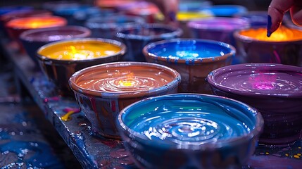 An avant-garde pottery studio with shifting holographic pottery wheels and bioluminescent clay, molding unique creations 