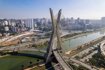 Aerial view of the Estaiada bridge. Sao Paulo Brazil. Business center. Famous cable-stayed bridge...