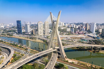 Aerial view of the Estaiada bridge. Sao Paulo Brazil. Business center. Famous cable-stayed bridge (Ponte Estaiada)