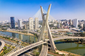 Aerial view of the Estaiada bridge. Sao Paulo Brazil. Business center. Famous cable-stayed bridge (Ponte Estaiada)