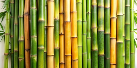 Fototapeta premium Various bamboo stalks of different lengths and colors, with green leaves , bamboo, stalks, plants, greenery, nature