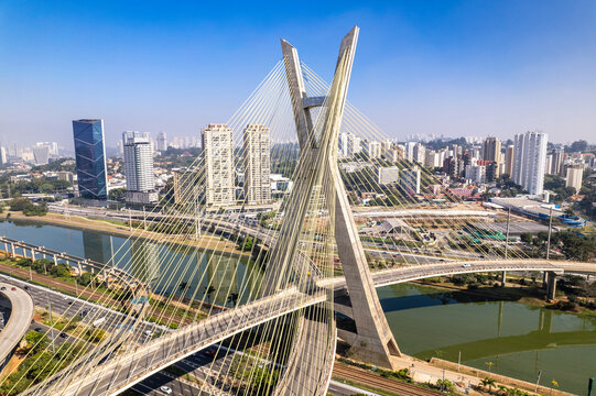 Aerial view of the Estaiada bridge. Sao Paulo Brazil. Business center. Famous cable-stayed bridge (Ponte Estaiada)