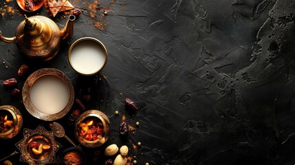 Ramadan theme with dates milk Aladdin lamp Eid celebration on black background