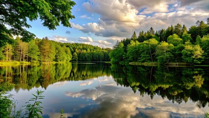 Fototapeta premium View over serene forest lake with trees and clouds reflected in water, forest, lake, trees, clouds, reflection, serene