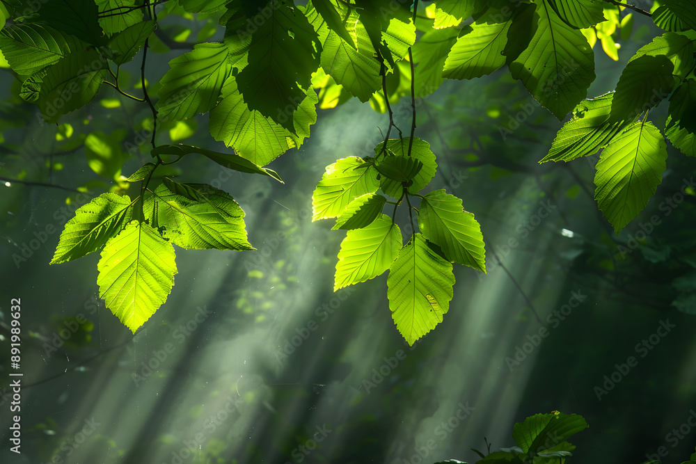 Poster sun rays filtering through the leaves, creating a beautiful play of light and shadow