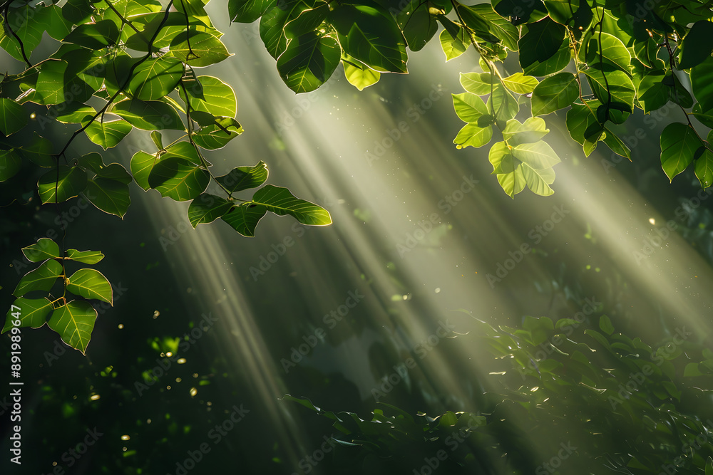 Poster sun rays filtering through the leaves, creating a beautiful play of light and shadow