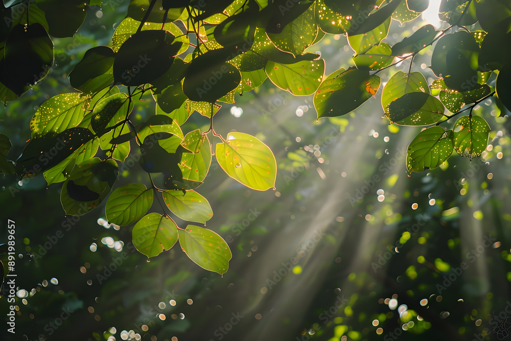 Poster sun rays filtering through the leaves, creating a beautiful play of light and shadow