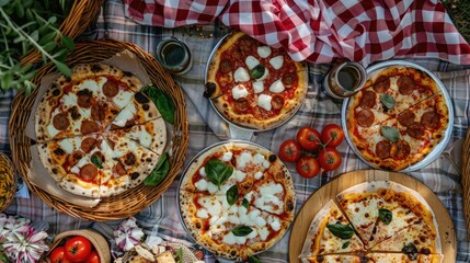 Italian themed Picnic with a Variety of Cheesy Pizzas