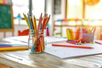 Pencil colours in a jar on a child’s craft table with paper and crayons 