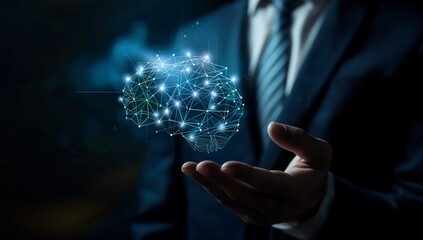 AI brain hologram with network connection shown by businessman in tech style.