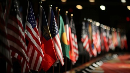 American flag alongside other national flags at a global event