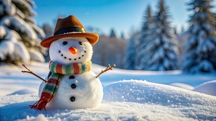 Obraz premium Snowman standing in a snowy landscape with carrot nose and hat , winter, Christmas, holiday, festive, cute, snow