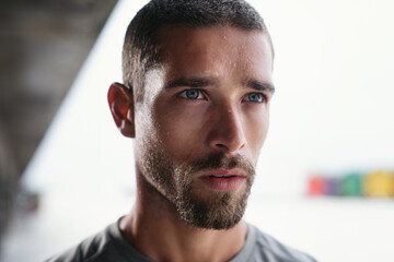 Man, outdoor or thinking for fitness goal or sport with plan, commitment for workout or health....