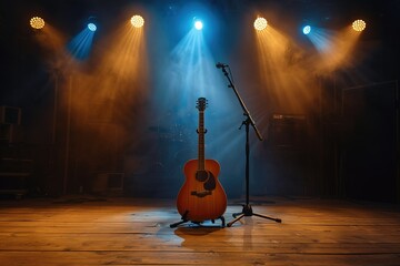 Guitar on a stage with spotlights and a microphone stand 