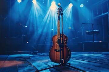 Guitar on a stage with spotlights and a microphone stand 
