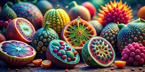 Surreal otherworldly fruit in nature, featuring a bizarre combination of colors and shapes, surreal, otherworldly, abnormal