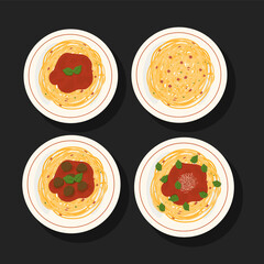 Set of different type of pasta on the plate vector illustration 