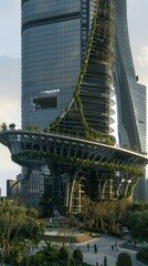 Futuristic Skyscraper Oasis Urban Jungle on Top of City Tower in Business District with Trees and Plants Growing