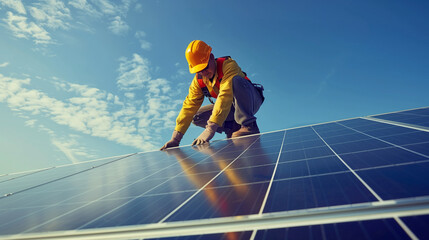 Solar power engineer installing solar panels on the roof