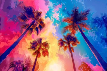Vivid Colored Palm Trees Palette Knife Painting Generative Illustration