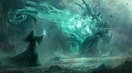 Fototapeta premium Sorcerers duel with magical energy bolts