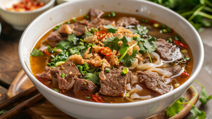Steaming bowl of boat noodles featuring savory broth