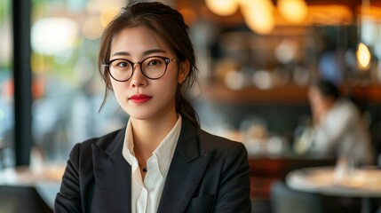 Fototapeta premium Portrait of an asian businesswoman in suit and glasses, blurred restaurant background
