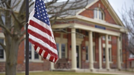 American flag in front of a school