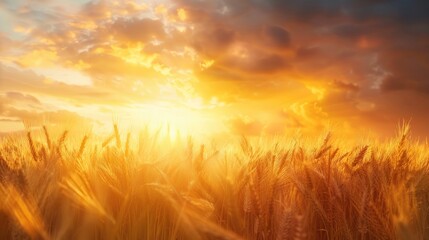 Rural wheat field at sunset with sun rays and copy space symbolizing abundance
