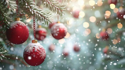 Fototapeta premium Close-up of snow-covered red ornaments hanging on a Christmas tree branch, surrounded by twinkling lights and falling snow.