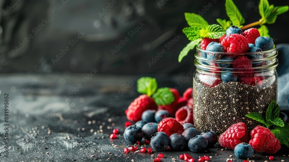 Sticker Chia seed pudding with berries in jar Superfoods theme with blank area