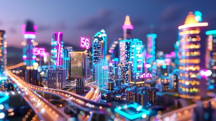 Fototapeta premium Futuristic city skyline at night with neon lights, skyscrapers, and advanced technology revealing urban innovation and modern architecture.