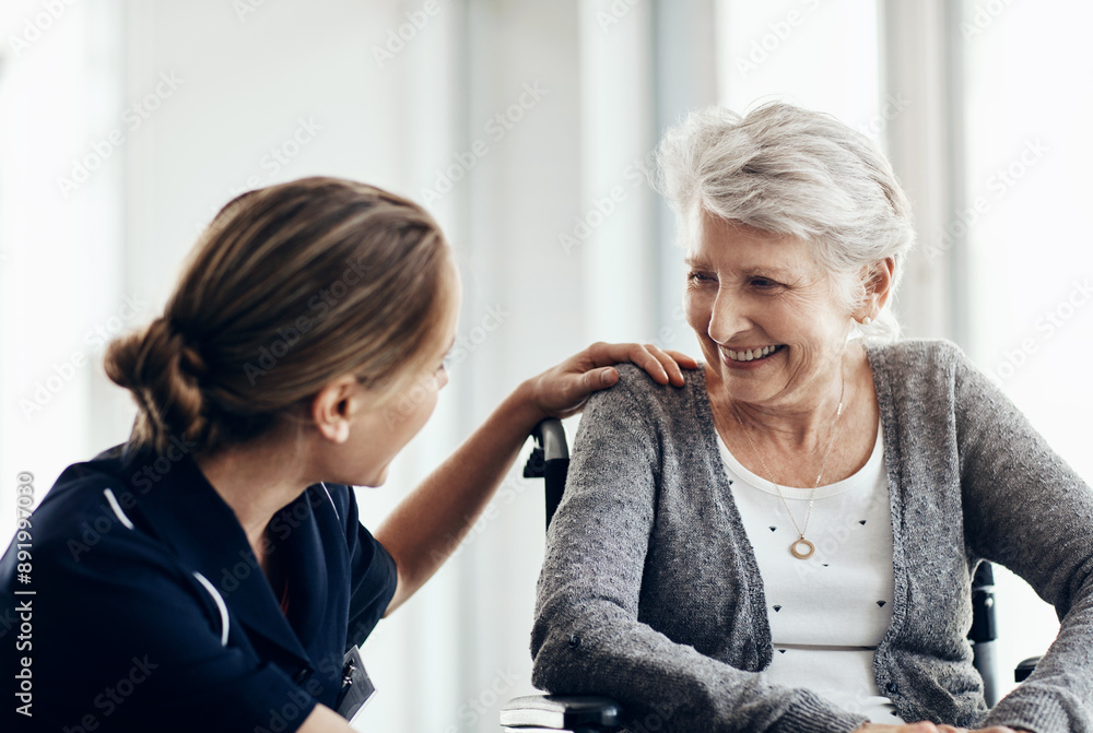 Canvas Prints Talking, caregiver and senior woman in wheelchair for assistance, help or medical care in retirement home. Discussion, happy nurse and elderly patient with disability for wellness, support or trust