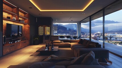 Fototapeta premium Modern luxury TV room with minibar stocked with high end drinks.