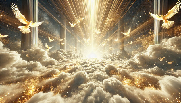 天界　雲の床　神聖な領域　非現実的な空間 黄金の空間　幻想的 神聖 風景 雲 天上界 明るい 透明 黄金 光 照明 天国 光線 エーテル 空 霊的 平和 壮大 鳩 飛ぶ 輝く 光輝 静けさ 暖かい ふわふわ 地平線 ファンタジー 