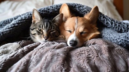 Adorable cat and dog snuggled in bed