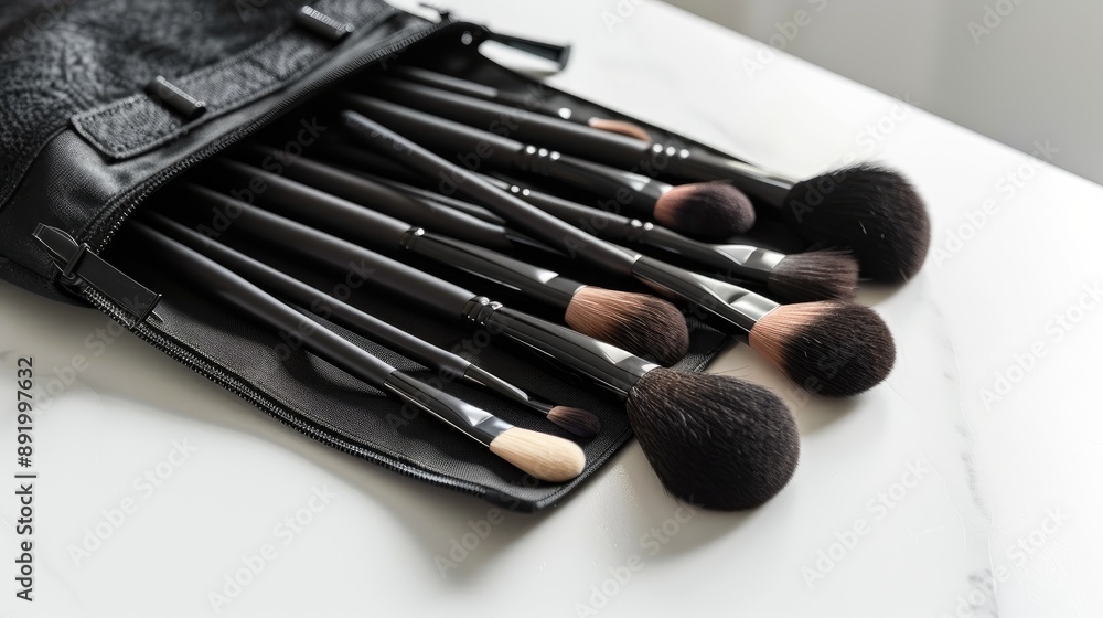 Canvas Prints Makeup brushes in bag on white surface