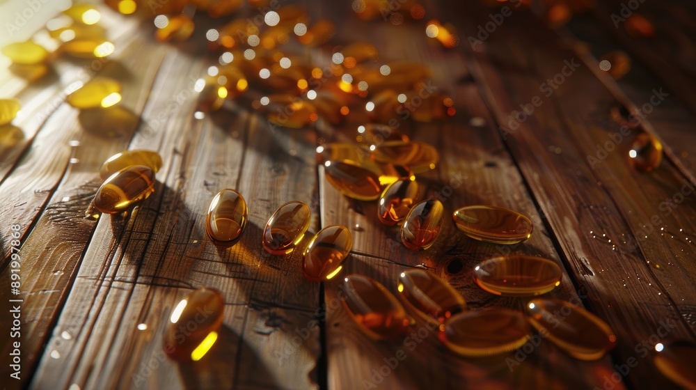 Sticker Omega 3 capsules on wooden background with high resolution for health care concept