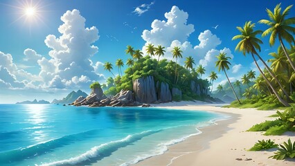 Naklejka premium An exotic island paradise with clear blue water, sandy white beaches, swaying palm trees, vibrant tropical flowers, and a clear blue sky, fantasy style 