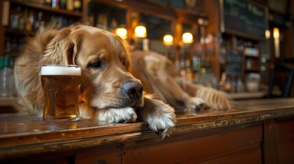 Golden Retriever resting on a bar counter with a beer, creating a cozy and humorous pub scene perfect for relaxation and leisure themes.