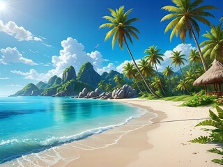 Naklejka premium An exotic island paradise with clear blue water, sandy white beaches, swaying palm trees, vibrant tropical flowers, and a clear blue sky, fantasy style 