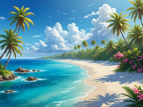 An exotic island paradise with clear blue water, sandy white beaches, swaying palm trees, vibrant tropical flowers, and a clear blue sky, fantasy style 