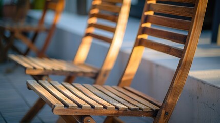 Close up image of two wooden folding chairs positioned next to each other for seating