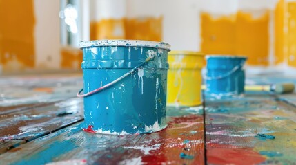 Close up view of paint buckets and rollers on the floor