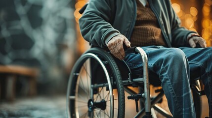 Obraz premium Close up of disabled man sitting in wheelchair outdoors. Copy space.